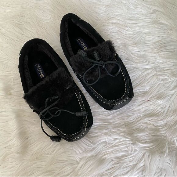 NEW Sperry Top Sider Black Leather fur Moccasins 8 - Picture 1 of 7